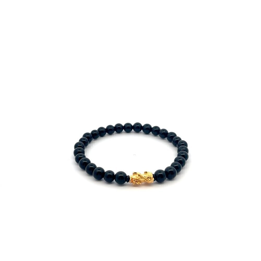 18K Gold Pixiu Piyao Lucky Charm Bracelet Natural Black Onyx Gemstones 6mm
